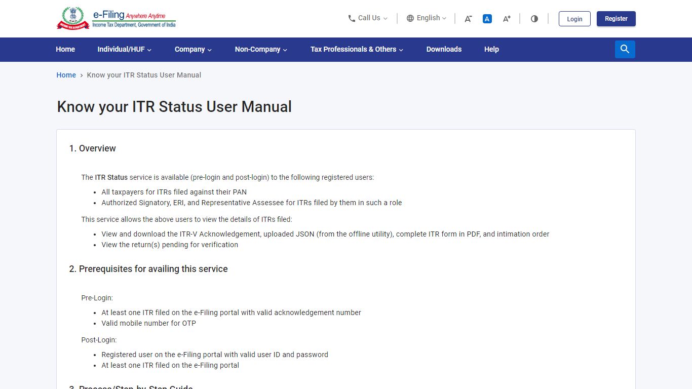 Know your ITR Status User Manual | Income Tax Department