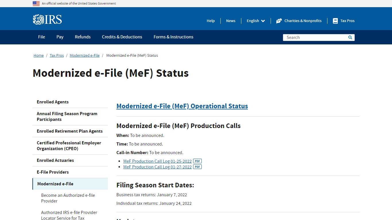 Modernized e-File (MeF) Status | Internal Revenue Service - IRS tax forms